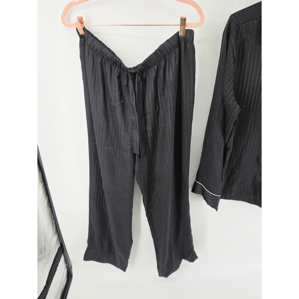 Victorias Secret Pajama Set Black Satin Tonal Stripe Button Top Pants Large - Picture 5 of 9